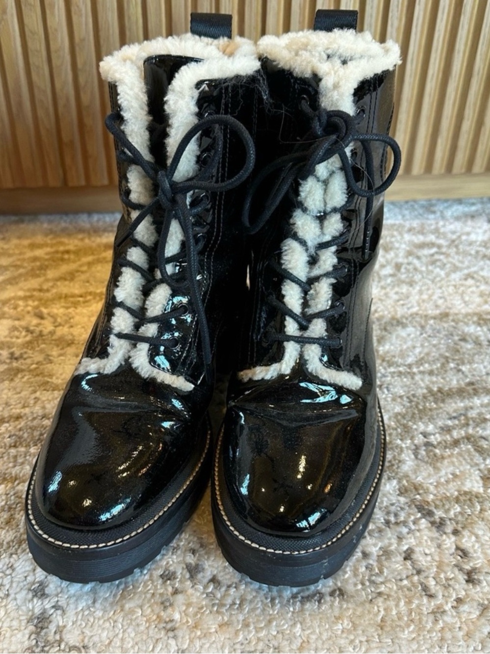 Tory Burch Black Patent Lace-Up Boots with Ivory Shearling Trim